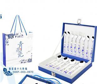供應高檔青花瓷不銹鋼餐具16件套 商務禮品與家居家具的理想選擇